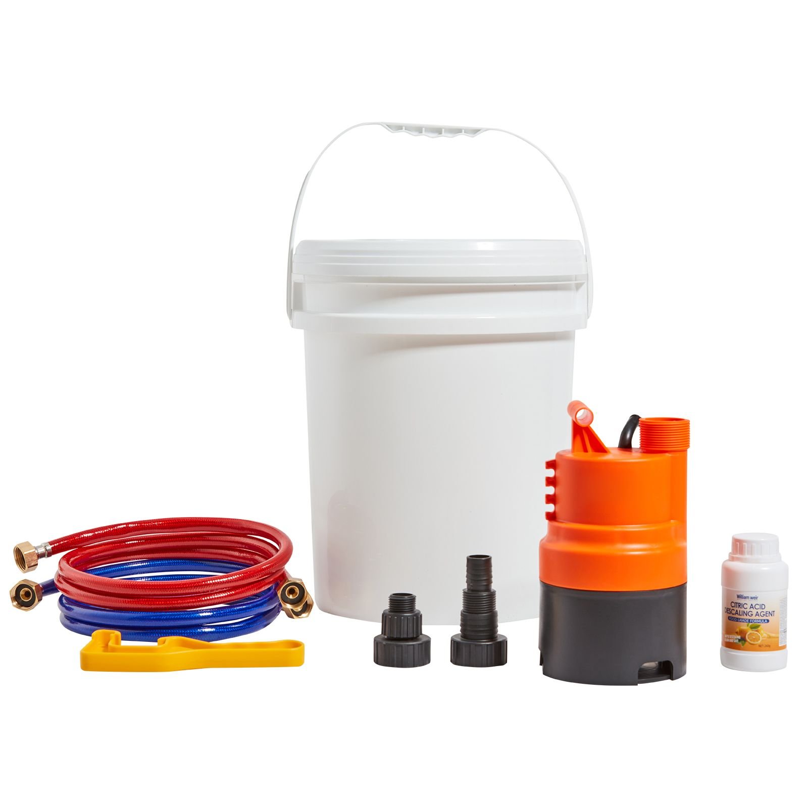 tankless water heater flushing kit, includes efficient pump & 5 gallon pail & 2 hoses & descaling powder, wrench and adapter for quick install easy to start, water heater flush kit