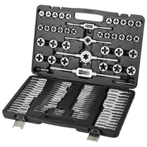 tap and die set, 110 piece include metric size m2 to m18, bearing steel taps and dies, essential threading tool for cutting external internal threads, with complete accessories and storage case