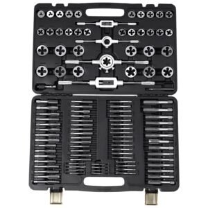 tap and die set, 110 piece include metric size m2 to m18, bearing steel taps and dies, essential threading tool for cutting external internal threads, with complete accessories and storage case