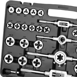 tap and die set, 110 piece include metric size m2 to m18, bearing steel taps and dies, essential threading tool for cutting external internal threads, with complete accessories and storage case