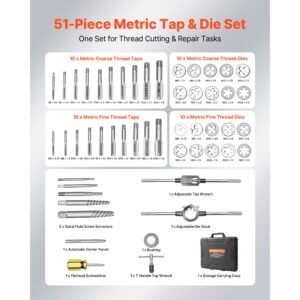 tap and die set, 51 piece metric sizes m6 to m24, with coarse and fine thread taps and dies, wrench, carrying case and complete accessories, bearing steel, for threading and rethreading threads