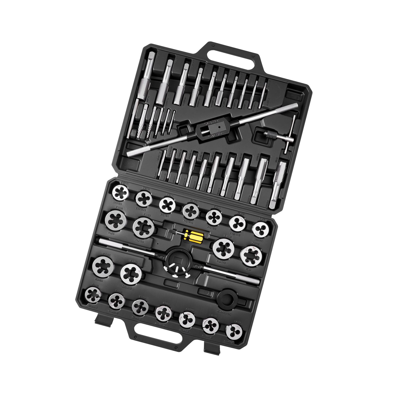 tap and die set, 51 piece metric sizes m6 to m24, with coarse and fine thread taps and dies, wrench, carrying case and complete accessories, bearing steel, for threading and rethreading threads