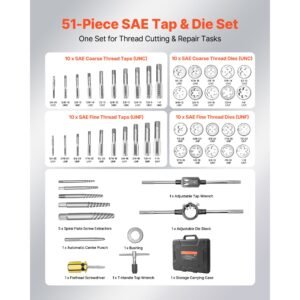 tap and die set, 51 piece sae sizes 1/4" to 1", with coarse and fine thread taps and dies, wrench, carrying case and complete accessories, bearing steel, for threading and rethreading threads