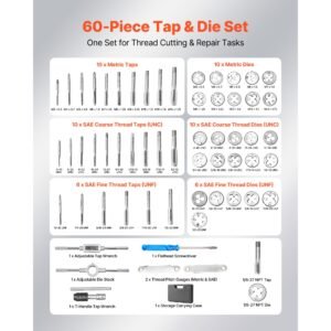 tap and die set, 60 piece metric and sae sizes m3 to m12, #4 to 1/2", with coarse and fine thread taps and dies, wrench, carrying case and complete accessories, for threading and rethreading