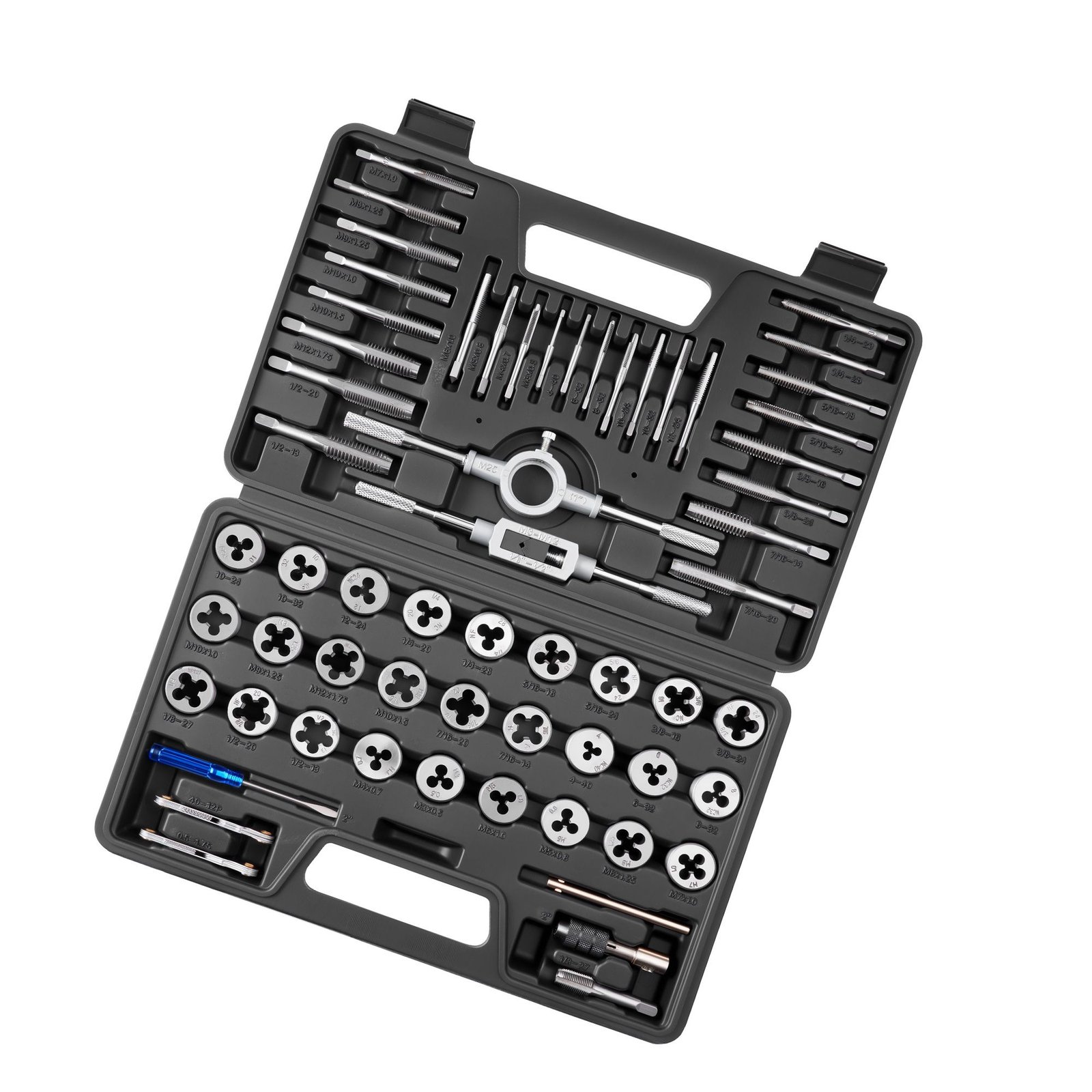 tap and die set, 60 piece metric and sae sizes m3 to m12, #4 to 1/2", with coarse and fine thread taps and dies, wrench, carrying case and complete accessories, for threading and rethreading