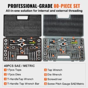 tap and die set, 80 piece metric and sae standard, bearing steel taps and dies, essential threading tool for cutting external internal threads, with complete accessories and storage case