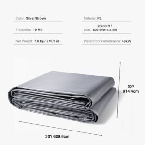 tarp heavy duty waterproof 20x30 ft, plastic poly tarp cover 10 mil, multi purpose tear uv and temperature resistant outdoor tarpaulin with high durability reinforced grommets (silver/brown)