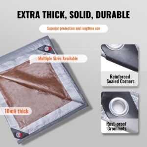 tarp waterproof 16x20 ft, plastic poly tarp cover 10 mil, multi purpose tear uv and temperature resistant outdoor tarpaulin with high durability reinforced grommets (silver/brown)