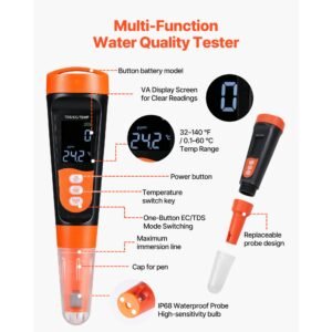 tds meter, 0 9990 ppm measuring range, ec (conductivity) /tds (ppm) multi parameter measurement, digital water tester with atc, clear va display screen, for drinking water quality testing