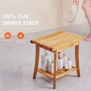 teak shower bench, 20 x 14.3 x 17.9 in, waterproof wood shower stool with storage shelf non slip foot pads, 400 lbs maximum load capacity shower chair seat, for bathroom indoor and outdoor use