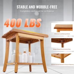 teak shower bench, 20 x 14.3 x 17.9 in, waterproof wood shower stool with storage shelf non slip foot pads, 400 lbs maximum load capacity shower chair seat, for bathroom indoor and outdoor use