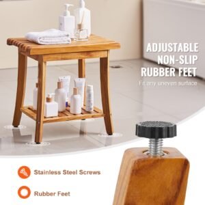 teak shower bench, 20 x 14.3 x 17.9 in, waterproof wood shower stool with storage shelf non slip foot pads, 400 lbs maximum load capacity shower chair seat, for bathroom indoor and outdoor use