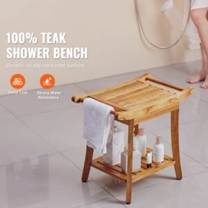 teak shower bench, 22 x 14.4 x 18.5 in, waterproof wood shower stool with storage shelf handle non slip feet, 300 lbs maximum load capacity shower chair seat, for bathroom indoor and outdoor use