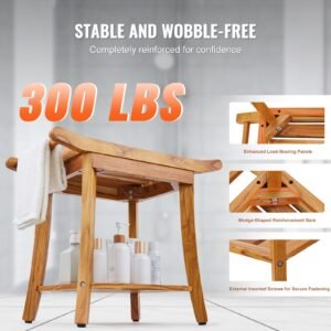 teak shower bench, 22 x 14.4 x 18.5 in, waterproof wood shower stool with storage shelf handle non slip feet, 300 lbs maximum load capacity shower chair seat, for bathroom indoor and outdoor use