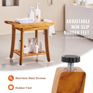 teak shower bench, 22 x 14.4 x 18.5 in, waterproof wood shower stool with storage shelf handle non slip feet, 300 lbs maximum load capacity shower chair seat, for bathroom indoor and outdoor use