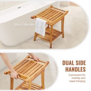 teak shower bench, 22 x 14.4 x 18.5 in, waterproof wood shower stool with storage shelf handle non slip feet, 300 lbs maximum load capacity shower chair seat, for bathroom indoor and outdoor use
