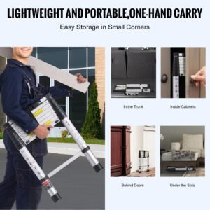 telescoping ladder, 8.5ft aluminum lightweight extension ladder, one button retraction collapsible ladder, 375 lbs capacity with non slip feet, portable compact ladders for home, rv, loft
