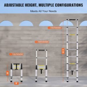 telescoping ladder, 8.5ft aluminum lightweight extension ladder, one button retraction collapsible ladder, 375 lbs capacity with non slip feet, portable compact ladders for home, rv, loft