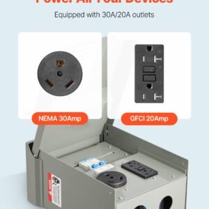 temporary power outlet panel, 20 30 amp, rv ev electrical outlet panel with nema 30 amp gfci 20 amp receptacle installed, pre wired ip54 weatherproof box, for rv camper car travel motorhome