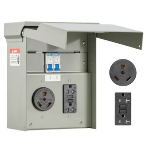 Temporary Power Outlet Panel, 20 30 Amp, RV EV Electrical Outlet Panel with NEMA 30 Amp GFCI 20 Amp Receptacle Installed, Pre-Wired IP54 Weatherproof Box, for RV Camper Car Travel Motorhome