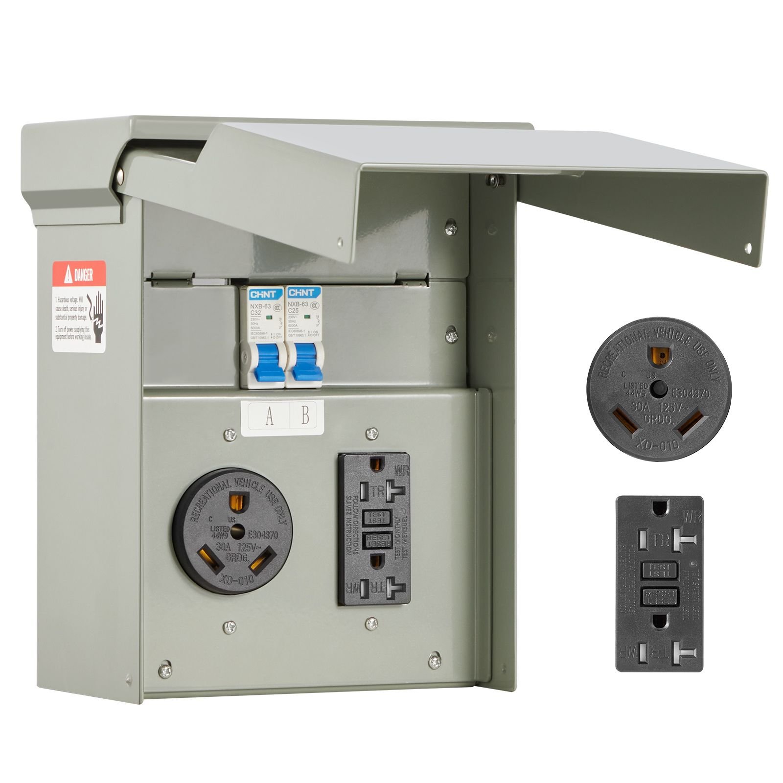 temporary power outlet panel, 20 30 amp, rv ev electrical outlet panel with nema 30 amp gfci 20 amp receptacle installed, pre wired ip54 weatherproof box, for rv camper car travel motorhome