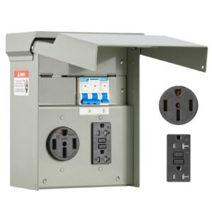 Temporary Power Outlet Panel, 20 50 Amp, RV EV Electrical Outlet Panel with NEMA 50 Amp GFCI 20 Amp Receptacle Installed, Pre-Wired IP54 Weatherproof Box, for RV Camper Car Travel Motorhome