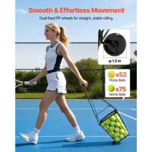 tennis ball hopper, holds 75 tennis balls, pickleball basket cart with wheels for easy pick up, portable pickleball caddy with heavy duty construction, handle, for training carrying storage