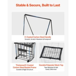 tennis ball hopper, holds 75 tennis balls, pickleball basket cart with wheels for easy pick up, portable pickleball caddy with heavy duty construction, handle, for training carrying storage