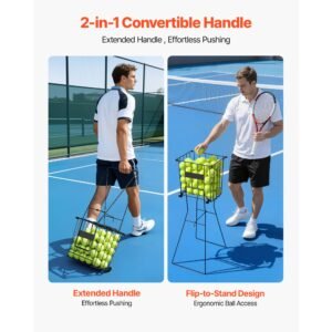 tennis ball hopper, holds 75 tennis balls, pickleball basket cart with wheels for easy pick up, portable pickleball caddy with heavy duty construction, handle, for training carrying storage