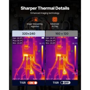 thermal camera, 320 x 240 tisr super resolution, thermal imaging camera with 2mp visual camera, 160 x 120 ir resolution, 25 hz refresh rate, 4°f to 1022°f, 4 image modes & 6 color palettes