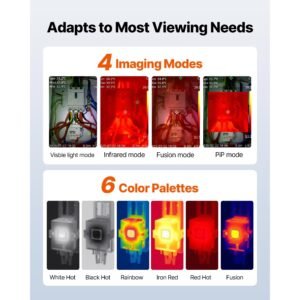 thermal camera, 320 x 240 tisr super resolution, thermal imaging camera with 2mp visual camera, 160 x 120 ir resolution, 25 hz refresh rate, 4°f to 1022°f, 4 image modes & 6 color palettes