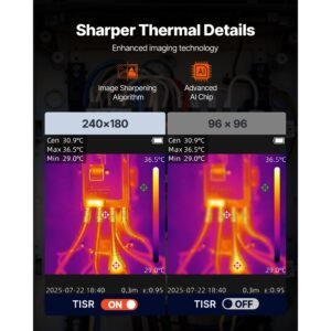 thermal camera, tisr super resolution 240x180, thermal imaging camera with 2mp visual camera, 96x96 ir resolution, 25hz refresh rate, 4°f to 1022°f, 4 image modes & 6 color palettes