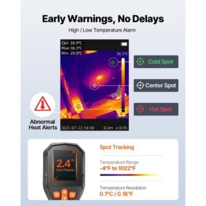 thermal camera, tisr super resolution 240x180, thermal imaging camera with 2mp visual camera, 96x96 ir resolution, 25hz refresh rate, 4°f to 1022°f, 4 image modes & 6 color palettes