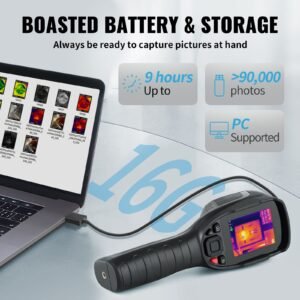 thermal imaging camera, 320 x 240 pixels super resolution, 25hz refresh rate infrared camera with 4 to 752 fahrenheit temperature range, 32g built in sd card, and rechargeable li ion battery