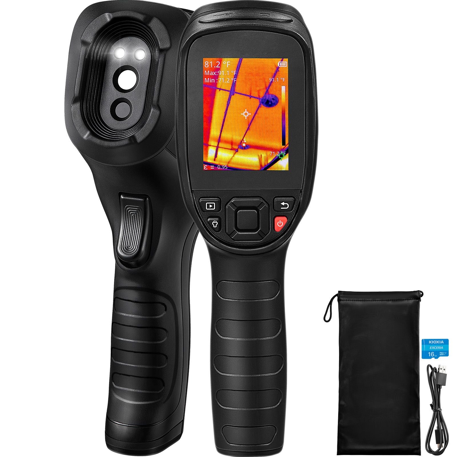 thermal imaging camera, 320 x 240 pixels super resolution, 25hz refresh rate infrared camera with 4 to 752 fahrenheit temperature range, 32g built in sd card, and rechargeable li ion battery