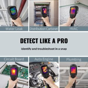 thermal imaging camera, 320 x 240 pixels super resolution with 2mp visual camera, 25hz refresh rate infrared camera with 4 to 1022 f temp, 64g sd card and rechargeable li ion battery
