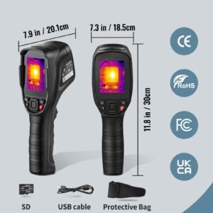 thermal imaging camera, 320 x 240 pixels super resolution with 2mp visual camera, 25hz refresh rate infrared camera with 4 to 1022 f temp, 64g sd card and rechargeable li ion battery