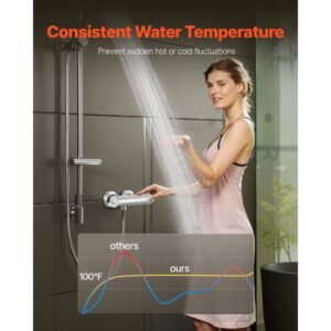 thermostatic shower faucet valve, 100 fahrenheit secure lock thermostatic shower valve trim mixer, hot cold water showering faucet temperature control valves, leak proof & chrome plated