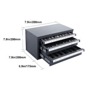 three drawer steel cabinet for end mill organization, accommodates 1/8" to 1", features 29 compartments with labels, stackable design for efficient storage