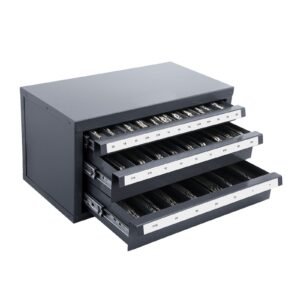 three drawer steel cabinet for end mill organization, accommodates 1/8" to 1", features 29 compartments with labels, stackable design for efficient storage