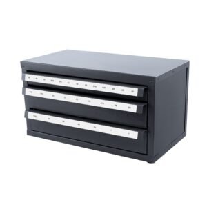 three drawer steel cabinet for end mill organization, accommodates 1/8" to 1", features 29 compartments with labels, stackable design for efficient storage