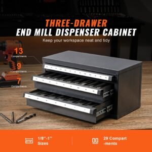 three drawer steel cabinet for end mill organization, accommodates 1/8" to 1", features 29 compartments with labels, stackable design for efficient storage