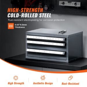 three drawer steel cabinet for end mill organization, accommodates 1/8" to 1", features 29 compartments with labels, stackable design for efficient storage