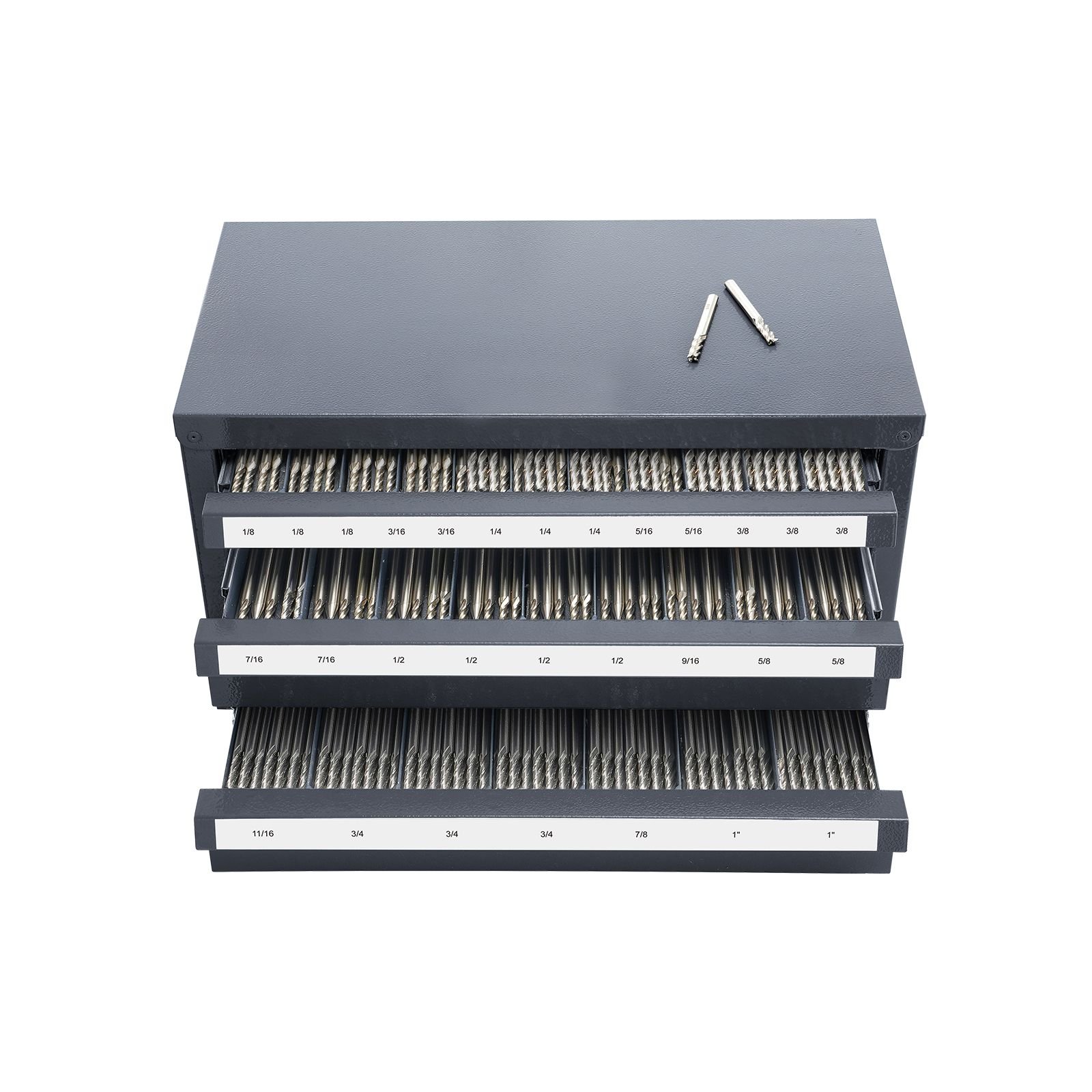 three drawer steel cabinet for end mill organization, accommodates 1/8" to 1", features 29 compartments with labels, stackable design for efficient storage