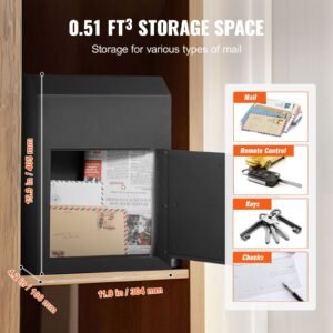 through the door key drop box, heavy duty steel through the door mailbox with 1.8" 12" key lock, 12x6x16" mail drop box, black