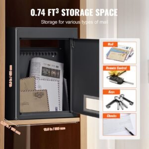 through the wall drop box, heavy duty steel through the wall mailbox with 2.8 7.9" 13" combination lock, 12.5x6.3x16.9" mail drop box, black