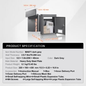 through the wall drop box, heavy duty steel through the wall mailbox with 2.8 7.9" 13" combination lock, 12.5x6.3x16.9 mail drop box, dark gray
