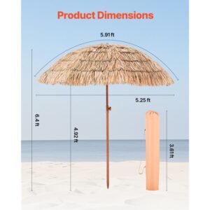 tiki umbrella, 6 ft thatched patio umbrella with tilt, hawaiian style beach parasol with durable pp thatch and 8 metal ribs, grass pool umbrellas for beach, patio, poolside, backyard & garden