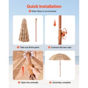 tiki umbrella, 6 ft thatched patio umbrella with tilt, hawaiian style beach parasol with durable pp thatch and 8 metal ribs, grass pool umbrellas for beach, patio, poolside, backyard & garden