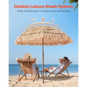 tiki umbrella, 6.5 ft thatched patio umbrella with tilt, hawaiian style beach parasol with durable pp thatch and 8 metal ribs, grass pool umbrellas for beach, patio, poolside, backyard & garden